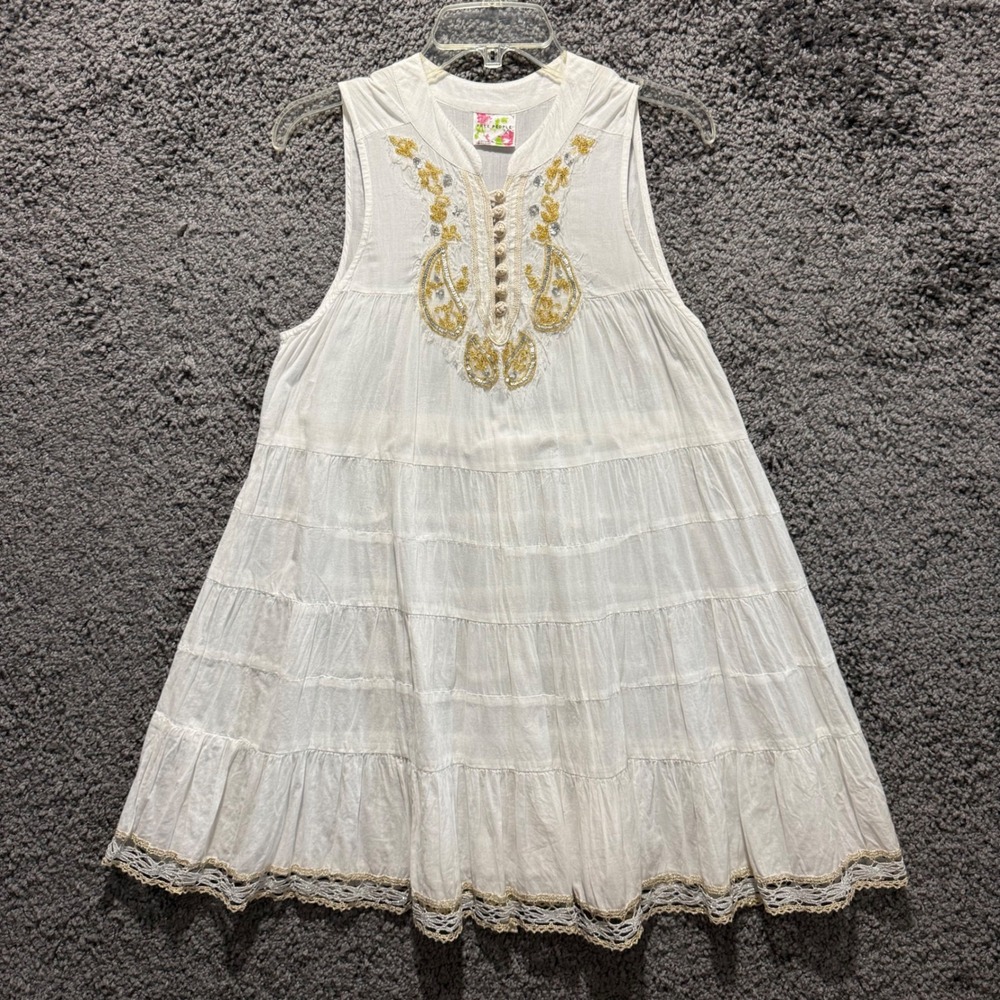 Free People Tunic Dress Womens Small White Good Boho Sequin Embroidered Gauze